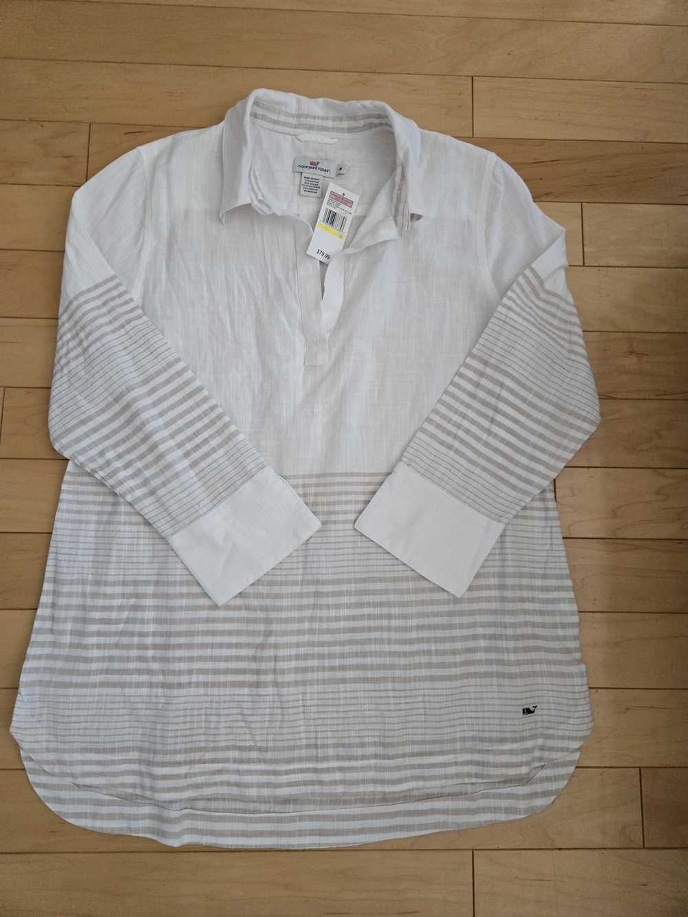 Vineyard Vines White Linen Buttonless Shirt with Tan Stripes